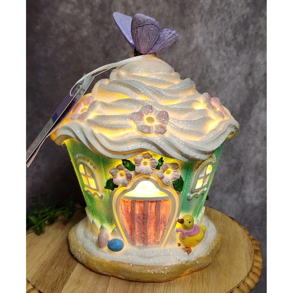 Easter Pastel‎ Cupcake Gingerbread House LIGHT UP Figurine Tabletop Decor 9" NEW